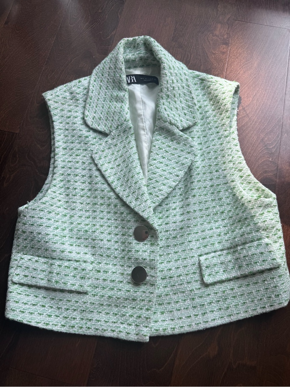 Zara Mint Green Tweed Sleeveless Blazer Vest